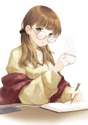 Rule 34 | 1girl, :o, absurdres, aran sweater, blush, book, brown hair, cable knit, cellphone, commentary, cup, earphones, english commentary, glasses, green eyes, highres, holding, holding cup, holding pencil, huge filesize, kanashi kumo, long hair, long sleeves, open book, original, parted bangs, pencil, phone, pink-framed eyewear, round eyewear, shawl, simple background, smartphone, solo, sweater, table, twintails, upper body, white background, writing, yellow sweater
