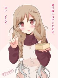 Rule 34 | 1girl, beans, beige dress, braid, brown sweater, cloud hair ornament, cloud print, commentary request, gradient hair, kantai collection, light brown hair, long hair, looking at viewer, masu, minegumo (kancolle), multicolored hair, one-hour drawing challenge, open mouth, pink background, red eyes, shizuna kaede, smile, solo, sweater, translation request, turtleneck, twin braids, two-tone background