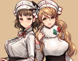 Rule 34 | 10s, 2girls, breasts, brown eyes, brown hair, eyewear strap, glasses, highres, italian flag, kantai collection, large breasts, littorio (kancolle), long hair, looking at viewer, multiple girls, open mouth, roma (kancolle), sigm@, simple background, sketch, smile