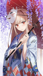 1girl, absurdres, argyle kimono, bangs, blue kimono, blunt bangs, blurry, blurry foreground, blush, breasts, brown hair, closed mouth, collarbone, commentary request, cowboy shot, eyebrows visible through hair, floral print, flower, fox mask, gold trim, highres, holding, holding umbrella, japanese clothes, kimono, long hair, long sleeves, looking at viewer, mask, mask on head, obi, original, outdoors, parasol, red eyes, sash, small breasts, solo, standing, star741, strap, umbrella, white background, wide sleeves, yukata
