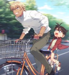 Rule 34 | 2boys, amuro tooru, bicycle, bicycle basket, black-framed eyewear, black footwear, blonde hair, blue eyes, blue shorts, blurry, blurry background, brown hair, child, cloud, collared shirt, commentary request, day, edogawa conan, glasses, grey pants, grin, hair between eyes, k (gear labo), long sleeves, looking to the side, male focus, meitantei conan, multiple boys, multiple riders, open clothes, open mouth, open shirt, outdoors, pants, red shirt, riding, road, shirt, shoes, short hair, short sleeves, shorts, sky, smile, sneakers, socks, street, striped clothes, striped shirt, sweatdrop, white legwear, white shirt