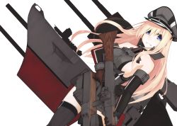 Rule 34 | 10s, 1girl, :d, absurdres, anchor, armlet, bad id, bad pixiv id, bare shoulders, bismarck (kancolle), black thighhighs, blonde hair, breasts, brown gloves, collar, cowboy shot, dutch angle, elbow gloves, gloves, grin, gun, hat, highres, holding, holding gun, holding weapon, kantai collection, large breasts, long hair, looking at viewer, machinery, mikoto (oi plus), military, military uniform, open mouth, parted lips, peaked cap, sideboob, simple background, smile, solo, standing, thighhighs, thighs, tsurime, uniform, very long hair, weapon, white background, wrist cuffs, zettai ryouiki