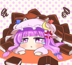 Rule 34 | &gt;:o, 1girl, :o, anger vein, blue bow, blue ribbon, blunt bangs, blush, book, bow, buried, chibi, crescent, hair bow, hat, hat ribbon, looking at viewer, lying, mob cap, on stomach, parted lips, patchouli knowledge, purple eyes, purple hair, red bow, red ribbon, ribbon, shinyafuru, sidelocks, solo, squiggle, tears, touhou, triangle mouth, v-shaped eyebrows