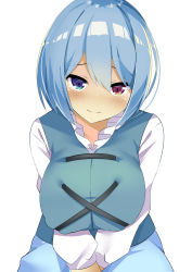 Rule 34 | 1girl, 9150namihana, absurdres, blue eyes, blue hair, blue vest, breasts, closed mouth, cross-laced clothes, hair between eyes, heterochromia, highres, juliet sleeves, large breasts, long sleeves, looking at viewer, puffy sleeves, red eyes, shirt, short hair, simple background, smile, solo, tatara kogasa, touhou, upper body, v arms, vest, white background, white shirt