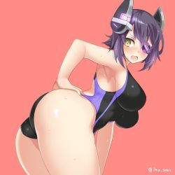 Rule 34 | 10s, 1girl, ass, bad id, bad twitter id, blush, breasts, competition swimsuit, eyepatch, fang, from side, hand on own ass, headgear, imo soba, kantai collection, large breasts, one-piece swimsuit, open mouth, purple hair, red background, short hair, simple background, solo, standing, swimsuit, tenryuu (kancolle), twitter username, yellow eyes