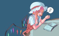 Rule 34 | 1girl, 3735geriragouki, areola slip, arm support, blonde hair, blue background, blush, book, breasts, commentary request, elbow rest, elbows on table, fangs, flandre scarlet, hat, hat ribbon, highres, holding, holding pencil, leaning on table, looking at viewer, looking to the side, mob cap, multicolored eyes, nervous, open book, open clothes, open mouth, orange eyes, orange hair, pencil, pointy ears, red eyes, red ribbon, red skirt, red vest, revealing clothes, ribbon, shirt, short hair, short sleeves, sidelocks, simple background, skirt, skirt set, small breasts, solo, spoken squiggle, squiggle, studying, swept bangs, table, tablecloth, touhou, upper body, vest, white hat, white shirt, wings