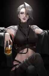 Rule 34 | 1girl, arm tattoo, asymmetrical hair, belt, black pants, breasts, character request, chest tattoo, crossed legs, cup, earrings, eyes visible through hair, grey hair, hair over one eye, highres, holding, holding cup, jacket, jewelry, jogwang, lips, lipstick, long hair, long sleeves, looking at viewer, makeup, medium breasts, nose, open clothes, open jacket, pants, parted lips, path to nowhere, purple eyes, purple lips, shoulder tattoo, simple background, sitting, solo, tattoo, zoya (path to nowhere)