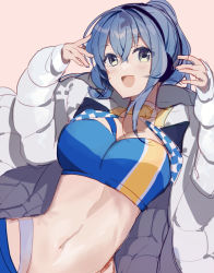 Rule 34 | 1girl, bandeau, blue bandeau, blue eyes, blue hair, breasts, coat, gotland (kancolle), headphones, highleg, highleg panties, jacket, kantai collection, large breasts, long hair, looking at viewer, midriff, mole, mole under eye, navel, official alternate costume, panties, picoli1313, ponytail, race queen, solo, underwear, upper body, white jacket, white panties, winter clothes, winter coat