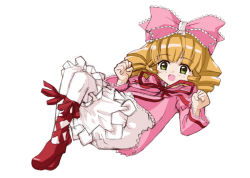 Rule 34 | 00s, 1girl, blonde hair, bow, brown hair, dress, drill hair, green eyes, hair bow, hinaichigo, looking at viewer, lying, on back, pantyhose, ribbon, rozen maiden, simple background, solo, white background