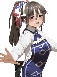Rule 34 | 1girl, apron, ashigara (kancolle), black skirt, blue apron, brown eyes, brown hair, cowboy shot, fake horns, frilled apron, frills, hairband, highres, honmakaina kudou, horned headwear, horns, kantai collection, long hair, official alternate costume, one-hour drawing challenge, open mouth, outstretched arms, pencil skirt, ponytail, shirt, simple background, skirt, skirt hold, smile, solo, wavy hair, white background, white shirt