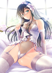 Rule 34 | 1girl, aqua eyes, areola slip, ass, bare shoulders, bed sheet, black hair, breasts, bridal veil, bride, commentary request, criss-cross halter, dress, elbow gloves, floral print, garter straps, gloves, hairband, halterneck, highleg, highleg panties, kantai collection, leotard, lips, long dress, long hair, looking at viewer, medium breasts, navel, nipple slip, nipples, ooyodo (kancolle), panties, parted lips, ryu-akt, see-through, shiny skin, sitting, solo, strap pull, thighhighs, thighs, underwear, veil, white panties