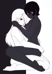 Rule 34 | 2girls, absurdres, andrea vaeyl, arm around neck, arms around waist, bags under eyes, black eyes, black hair, black sclera, black skin, breast press, breasts, closed mouth, colored sclera, colored skin, commentary, contrast, couple, dark-skinned female, dark skin, facial mark, female focus, girl on top, greyscale, hair between eyes, hair over one eye, highres, hug, interracial, k&#039;lyn, long hair, medium breasts, monochrome, multiple girls, nude, original, parted lips, razalor, short hair, sitting, sitting on person, soles, straddling, toes, upright straddle, white eyes, white hair, white skin, yin yang, yuri