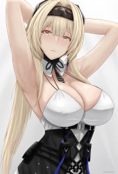 Rule 34 | 1girl, archstreal, armpits, arms behind head, bianca (punishing: gray raven), black necktie, black ribbon, blonde hair, breasts, cleavage, closed mouth, dress, hairband, highres, huge breasts, large breasts, lips, long hair, looking at viewer, mole, mole under eye, necktie, punishing: gray raven, ribbon, solo, white background, yellow eyes