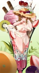 Rule 34 | 1girl, absurdres, bad id, bad pixiv id, breasts, brown hair, cherry, commission, convenient censoring, cup, eyewear on headwear, food, food on head, fruit, fruit on head, grapes, hair between eyes, hat, highres, ice, ice cream, ice cube, in container, in cup, kiwi (fruit), kiwi slice, large breasts, licking, licking finger, long hair, mini person, minigirl, navel, nude, object on head, orange (fruit), orange eyes, original, parfait, rima (0136), solo, stomach, straw hat, strawberry, sun hat, sweets, very long hair, whipped cream