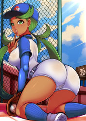Rule 34 | 1girl, aged up, ass, baseball, baseball bat, baseball cap, baseball glove, baseball uniform, blush, breasts, cameltoe, cloud, covered erect nipples, creatures (company), curvy, dark-skinned female, dark skin, day, female focus, finger to mouth, game freak, green eyes, green hair, hat, highres, huge ass, kneeling, large breasts, lips, looking at viewer, mallow (pokemon), nintendo, pokemon, pokemon sm, revolverwing, sky, solo, sportswear, thick thighs, thighs, twintails