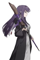 Rule 34 | 1girl, black coat, black robe, blunt bangs, breasts, coat, collar, dress, expressionless, fern (sousou no frieren), frilled collar, frills, highres, holding, holding staff, large breasts, long hair, long sleeves, mage staff, medium breasts, purple eyes, purple hair, robe, sidelocks, simple background, snowcake47, solo, sousou no frieren, staff, straight hair, white background, white dress, wooden staff