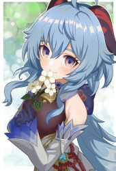Rule 34 | 1girl, absurdres, ahoge, bare shoulders, bell, black gloves, blue hair, blush, bow, chinese knot, detached sleeves, flower, flower knot, ganyu (genshin impact), genshin impact, gloves, gold trim, highres, holding, holding flower, horns, kuwan4971, long hair, looking at viewer, low ponytail, multicolored eyes, neck bell, qingxin flower, sidelocks, smile, solo, upper body, vision (genshin impact), white flower, white sleeves