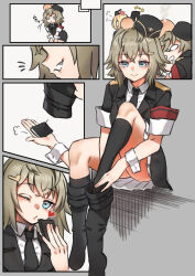 Rule 34 | 2girls, :&gt;, puff of air, anger vein, armband, black headwear, black jacket, black necktie, black socks, blonde hair, blowing kiss, blue eyes, book, boots, comic, commentary request, crossed bangs, drooling, epaulettes, garrison cap, girls&#039; frontline, grin, hair ornament, hairclip, hat, head bump, heart, highres, holding, holding book, holding boots, holding clothes, holding footwear, jacket, military, military uniform, mirror, mp40 (girls&#039; frontline), mp41 (girls&#039; frontline), multiple girls, multiple views, necktie, notice lines, o o, one eye closed, putting on shoes, red armband, shirt, shoes, unworn shoes, short hair, short sleeves, silent comic, sitting, skirt, smile, socks, solo focus, toryu fufu, uniform, white shirt, white skirt, wide oval eyes, wrist cuffs