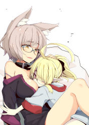 Rule 34 | 2girls, ahoge, airi (ogami kazuki), animal ear fluff, animal ears, between breasts, black collar, black shirt, black shorts, blonde hair, blue-framed eyewear, blush, breasts, brown eyes, brown hair, collar, commentary request, fang, glasses, grey hoodie, hair over one eye, hand on another&#039;s head, head between breasts, heart, highres, hood, hood down, hoodie, irene (ogami kazuki), knee up, large breasts, long hair, multiple girls, ogami kazuki, original, parted lips, pillow, pointy ears, ponytail, red eyes, shirt, short hair, short shorts, shorts, simple background, smile, white background