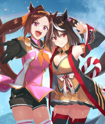 Rule 34 | 2girls, :d, ahoge, animal ears, asymmetrical docking, black gloves, black hair, black shorts, black thighhighs, breast press, breasts, brown hair, brown skirt, buttons, cleavage cutout, clothing cutout, cowboy shot, detached sleeves, double-breasted, epaulettes, flower in eye, flower ornament, gloves, hair between eyes, hair ornament, highres, horse ears, horse girl, horse tail, kabocha (monkey4), kitasan black (umamusume), large breasts, long hair, looking at viewer, multicolored hair, multiple girls, neckerchief, open mouth, orange neckerchief, pleated skirt, ponytail, purple eyes, red eyes, sailor collar, sakura bakushin o (umamusume), short hair, shorts, skirt, smile, streaked hair, swept bangs, symbol in eye, tail, thighhighs, two-tone hair, umamusume, white hair, white thighhighs, zettai ryouiki