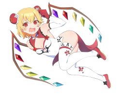 Rule 34 | 1girl, :d, @ @, absurdres, bare shoulders, blonde hair, breasts, bun cover, crystal, double bun, flandre scarlet, full body, hair bun, highres, looking at viewer, masho makamaka, open mouth, red eyes, short hair, simple background, small breasts, smile, solo, thighhighs, touhou, wavy mouth, white background, wings