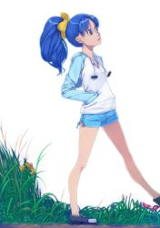 Rule 34 | 10s, 1girl, akinbo (hyouka fuyou), alternate hairstyle, blue eyes, blue hair, blue shorts, blue sleeves, bow, hair bow, hand in pocket, highres, hood, hood down, hooded sweater, kirakira precure a la mode, long hair, long sleeves, looking up, ponytail, precure, short shorts, shorts, simple background, solo, sweater, tategami aoi, walking, white background, white sweater, yellow bow