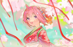 Rule 34 | 1girl, absurdres, animal ears, bow, breasts, cherry blossoms, floral print, hair bow, haru urara (first urara saku sakura) (umamusume), haru urara (umamusume), highres, horse ears, japanese clothes, kimono, looking at viewer, open mouth, petals, pink eyes, pink hair, pink kimono, short hair, small breasts, smile, solarisyuri!, solo, streamers, umamusume, upper body