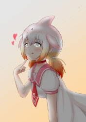 Rule 34 | 1girl, anchor symbol, blowhole, blush, chinese white dolphin (kemono friends), choker, collarbone, commentary, dolphin fin, dolphin girl, dress, gradient background, grey eyes, harusame68, heart, highres, japari symbol, kemono friends, necktie, pink sailor collar, pointing, pointing at self, red choker, red necktie, sailor collar, simple background, solo, tongue, tongue out, white dress