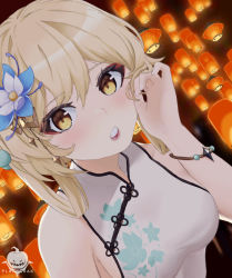 Rule 34 | 1girl, bare shoulders, blonde hair, blush, breasts, china dress, chinese clothes, cleavage, dress, eyeliner, flower, genshin impact, hair flower, hair ornament, highres, looking at viewer, lumine (genshin impact), makeup, medium breasts, medium hair, open mouth, planterak draws, sidelocks, solo, thighs, white dress, yellow eyes