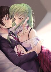Rule 34 | 1boy, 1girl, absurdres, alternate costume, assertive female, black bra, black hair, black suit, bloom, blush, bow, bra, breast press, breasts, brown background, budgiepon, c.c., cleavage, code geass, collarbone, collared shirt, commentary, cosplay, couple, dress shirt, dutch angle, eye contact, eyelashes, forehead tattoo, formal, frilled bra, frills, from side, frown, gift, girl on top, green hair, hair between eyes, hair slicked back, hetero, highres, holding, holding gift, hug, komi-san wa komyushou desu, komi shouko, komi shouko (cosplay), lelouch vi britannia, lips, long hair, long sleeves, looking at another, lying, medium breasts, necktie, nose, on back, on bed, on stomach, open clothes, open shirt, parted lips, pleated skirt, profile, purple eyes, red bow, red necktie, red ribbon, red skirt, ribbon, seductive smile, shirt, short hair, sidelocks, simple background, single bare shoulder, skirt, smile, straight hair, striped clothes, striped skirt, suit, tadano hitohito, tadano hitohito (cosplay), underwear, unworn necktie, v-shaped eyebrows, white shirt, yellow eyes