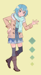 Rule 34 | 1girl, argyle, argyle clothes, argyle shirt, artist name, blue eyes, blue hair, blue scarf, blue shirt, blue skirt, blue thighhighs, boots, brown footwear, brown jacket, buttons, closed mouth, denim, denim skirt, fold-over boots, full body, hand on own hip, head tilt, heel up, highres, hood, hood down, hooded jacket, jacket, lace, lace-trimmed skirt, lace trim, long sleeves, magia record: mahou shoujo madoka magica gaiden, mahou shoujo madoka magica, miki sayaka, miki sayaka (winter costume), miniskirt, official alternate costume, paraholix, scarf, shirt, short hair, simple background, skirt, smile, solo, standing, swept bangs, thighhighs, thighhighs under boots, toggles, waving, yellow background