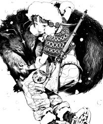 Rule 34 | 1girl, animal, animal hug, boots, capelet, commentary, english commentary, feet out of frame, from above, fur-trimmed boots, fur-trimmed gloves, fur trim, gloves, greyscale, gun, hat, heo sung-moo, highres, leaning to the side, lips, looking back, monochrome, original, pants, pouch, rifle, sideways glance, simple background, sitting, snow, snow boots, snowing, suspenders, weapon, white background, winter clothes, wolf