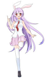 Rule 34 | 1girl, animal ears, dress shirt, hand up, highres, leg lift, leg up, long hair, looking at viewer, necktie, open mouth, pleated skirt, pointing, pointing up, purple hair, rabbit ears, red eyes, red necktie, reisen udongein inaba, shirt, shoes, short sleeves, skirt, sleeveless, sleeveless shirt, smile, solo, standing, standing on one leg, thighhighs, touhou, very long hair, white shirt, white thighhighs, yukina (masyumaro610)