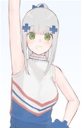Rule 34 | 1girl, arm up, armpits, blue ribbon, blue sweater vest, breasts, cheerleader, commentary, girls&#039; frontline, green eyes, grey background, grey hair, hair ornament, hair ribbon, hiepita97, hk416 (girls&#039; frontline), long hair, looking at viewer, medium breasts, open mouth, pom pom (cheerleading), ponytail, ribbon, round teeth, simple background, solo, sweater, sweater vest, tareme, teeth, turtleneck, turtleneck sweater, two-tone sweater, upper body, upper teeth only, white sweater vest