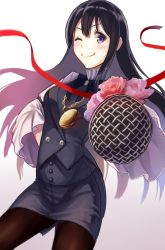 Rule 34 | 1girl, ;), black hair, flower, foreshortening, gold chain, hand on own hip, long hair, looking at viewer, microphone, one eye closed, pantyhose, pencil skirt, pocket watch, purple eyes, reimaco, ribbon, rose, skirt, smile, solo, watch