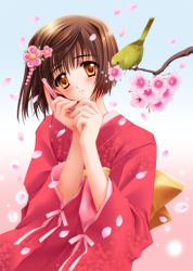 Rule 34 | 1girl, bird, blush, branch, carnelian, cellphone, cherry blossoms, flip phone, flower, gradient background, hair flower, hair ornament, hands up, holding, holding phone, japanese clothes, kimono, looking at viewer, obi, parted lips, petals, phone, sash, short hair, solo, upper body, wide sleeves