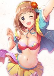 Rule 34 | 1girl, :d, absurdres, arm up, armpits, bikini, blue jacket, blunt bangs, blush, bracelet, breasts, brown eyes, brown hair, cheering, cleavage, collarbone, commentary request, detached collar, flower, frilled skirt, frills, hair flower, hair ornament, hairband, highres, idolmaster, idolmaster cinderella girls, jacket, jewelry, kitami yuzu, looking at viewer, medium breasts, ment, multicolored clothes, multicolored jacket, navel, one eye closed, open mouth, pleated skirt, short sleeves, simple background, skirt, smile, solo, standing, swimsuit, two-tone jacket, yellow jacket, yellow skirt