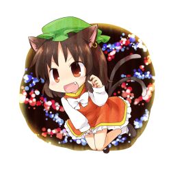 Rule 34 | 1girl, animal ears, bow, bowtie, brown eyes, brown hair, cat ears, cat girl, cat tail, chen, chibi, dress, ear piercing, earrings, fang, female focus, fingernails, hair bow, hat, jewelry, long fingernails, mary janes, multiple tails, nail polish, nekomata, open mouth, piercing, red dress, red skirt, shoes, short hair, skirt, solo, tail, touhou, transparent background, yamabuki (yusuraume)