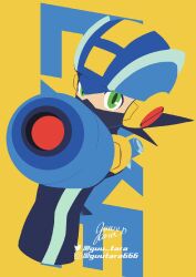 Rule 34 | 1boy, aiming, aiming at viewer, arm cannon, blue bodysuit, blue helmet, bodysuit, green eyes, guutara, helmet, highres, instagram logo, instagram username, mask, mega man (series), mega man battle network (series), megaman.exe, mouth mask, outstretched arm, signature, solo, spiked hair, twitter logo, twitter username, upper body, weapon, yellow background