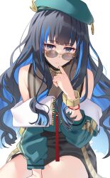 Rule 34 | absurdres, black hair, blue-tinted eyewear, blue hair, blush, bracelet, bracer, chip le cree, colored inner hair, eyeliner, fate/grand order, fate (series), green hat, grey eyes, hat, headdress, highres, jewelry, long hair, looking at viewer, looking over eyewear, makeup, mask, mouth mask, multicolored hair, neck ring, off shoulder, round eyewear, see-through, short shorts, shorts, simple background, tenochtitlan (fate), tenochtitlan (second ascension) (fate), tinted eyewear, two-tone hair, white background
