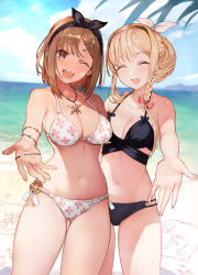 Rule 34 | 2girls, ;d, ^ ^, absurdres, atelier (series), atelier ryza, atelier ryza 1, beach, bikini, black bikini, blonde hair, blurry, blurry background, blush, bow, bracelet, braid, breasts, bright pupils, brown hair, cleavage, closed eyes, cowboy shot, day, depth of field, detexted, gluteal fold, hair bow, hair ornament, hair ribbon, hair up, hairband, hairclip, halterneck, highres, horizon, jewelry, klaudia valentz, large breasts, medium breasts, multi-strapped bikini, multiple girls, navel, necklace, o-ring, o-ring bikini, o-ring bottom, official art, one eye closed, open mouth, outdoors, outstretched hand, print bikini, reisalin stout, ribbon, short hair, side braid, sidelocks, smile, swimsuit, thighs, third-party edit, toridamono, white bikini, white pupils