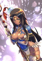 Rule 34 | 1girl, arm wrap, armlet, armor, black hair, blue armor, bracelet, breast hold, breastplate, breasts, bridal gauntlets, circlet, cleavage, covered navel, dark-skinned female, dark skin, facial mark, fate/grand order, fate (series), feathers, forehead jewel, green eyes, hat, hip focus, jewelry, large breasts, long hair, looking at viewer, matsumoto tomoyohi, parted bangs, pauldrons, ring, scheherazade (fate), scroll, shoulder armor, solo, staff, thighlet, thighs