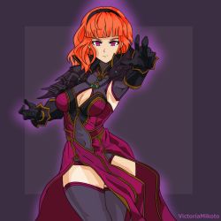 Rule 34 | 1girl, absurdres, aura, celica (fire emblem), corruption, fire emblem, fire emblem echoes: shadows of valentia, gloves, glowing, glowing eyes, highres, leggings, mind control, nintendo, pink eyes, red hair, self-upload, victoria mikoto, witch (fire emblem)