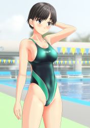 Rule 34 | 1girl, absurdres, arm behind head, bench, black hair, blue sky, blurry, breasts, clothes writing, cloud, collarbone, competition swimsuit, cowboy shot, day, depth of field, female pubic hair, green eyes, green one-piece swimsuit, highleg, highleg swimsuit, highres, medium breasts, multicolored clothes, multicolored swimsuit, one-piece swimsuit, original, outdoors, pool, pubic hair, pubic hair peek, pubic stubble, short hair, sky, solo, standing, string of flags, swimsuit, takafumi