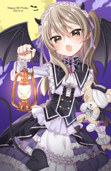 Rule 34 | 1girl, ascot, bandages, bat (animal), bat wings, birthday, black dress, black nails, black wings, blue sky, blurry, blurry foreground, boko (girls und panzer), brown eyes, commentary, dated, demon horns, demon tail, depth of field, dress, english text, fang, flower, frilled dress, frilled sleeves, frills, full moon, girls und panzer, gothic lolita, hair ribbon, hairband, halloween, happy birthday, high collar, highres, holding, horns, lamp, layered dress, light brown hair, lolita fashion, lolita hairband, long hair, long sleeves, looking at viewer, medium dress, moon, nail polish, night, night sky, one side up, open mouth, pointy ears, purple flower, purple ribbon, purple rose, ribbon, rose, ruruepa, shimada arisu, sky, solo, standing, star (symbol), stuffed animal, stuffed toy, tail, teddy bear, vampire, white ascot, white hairband, wings