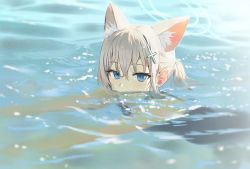 Rule 34 | animal ear fluff, animal ears, blue archive, blue eyes, blue one-piece swimsuit, cat ears, commentary request, cross, hair ornament, hairclip, highres, inverted cross, looking at viewer, mouth under water, ocean, one-piece swimsuit, outdoors, outstretched arms, partially submerged, ponytail, school swimsuit, shiroko (blue archive), shiroko (swimsuit) (blue archive), short hair, swimming, swimsuit, wasabi60, water, white hair