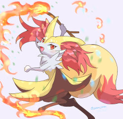 Rule 34 | 1girl, absurdres, animal ear fluff, animal ears, animal nose, black fur, blush, body fur, braixen, breasts, creatures (company), fang, female focus, fire, fox ears, fox girl, fox tail, from side, furry, furry female, game freak, gen 6 pokemon, grey background, highres, holding, holding stick, jumping, leg up, looking at viewer, multicolored fur, nintendo, open mouth, pokemon, pokemon (creature), red eyes, simple background, small breasts, snout, solo, stick, tail, white fur, yellow fur, yutano (yutano tantan)