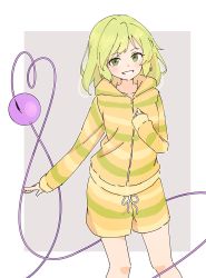Rule 34 | 1girl, alternate costume, blush, border, bow, closed mouth, green eyes, green hair, green hoodie, green shorts, grey background, grin, hand up, highres, hood, hoodie, kanpa (campagne 9), komeiji koishi, long sleeves, looking at viewer, multicolored clothes, multicolored hoodie, multicolored shorts, no headwear, orange hoodie, orange shorts, outside border, short hair, shorts, simple background, smile, solo, standing, striped clothes, striped hoodie, striped shorts, teeth, third eye, touhou, white border, white bow, yellow hoodie, yellow shorts, zipper