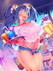 Rule 34 | 6+girls, absurdres, alcohol, animal ears, aqua eyes, areola slip, beer, bikini, bikini under clothes, blonde hair, blouse, blue bikini, blue hair, blush, bottle, bracelet, breasts, brown eyes, brown hair, butt crack, cloud, cocktail glass, commentary request, cup, day, drinking glass, drinking straw, earrings, eyepatch, fang, food, fox ears, fruit, hair ornament, hair scrunchie, highres, holding, holding tray, jewelry, kooribata, large breasts, leg up, lemon, lemon slice, looking at viewer, medium breasts, micro bikini, midriff, mug, multiple girls, navel, necklace, nipple slip, nipples, open mouth, ponytail, sandals, scrunchie, see-through, shaved ice, shirt, short shorts, shorts, side-tie bikini bottom, sitting, sky, smile, standing, standing on one leg, string bikini, striped bikini, striped clothes, striped shirt, sunglasses, sweat, swimsuit, tray, twintails, unbuttoned, wet, wet clothes, wet shirt, white shirt, wine glass, zasha