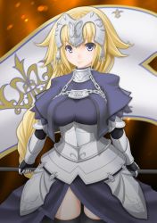 Rule 34 | 1girl, armor, armored dress, banner, black thighhighs, blonde hair, blue dress, blue eyes, braid, breasts, bridal gauntlets, capelet, chain, dress, elbow gloves, embers, fate/apocrypha, fate/grand order, fate (series), faulds, fire, flag, gauntlets, gloves, graphite (medium), headpiece, highres, jeanne d&#039;arc (fate), jeanne d&#039;arc (ruler) (fate), large breasts, lips, long braid, long hair, orange background, pauldrons, purple eyes, shoulder armor, single braid, smile, solo, standing, t2r, thighhighs, traditional media, very long hair
